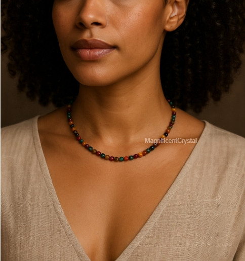 Natural Ocean Jasper Beaded Choker Healing Dainty Boho Crystal Energy Necklace