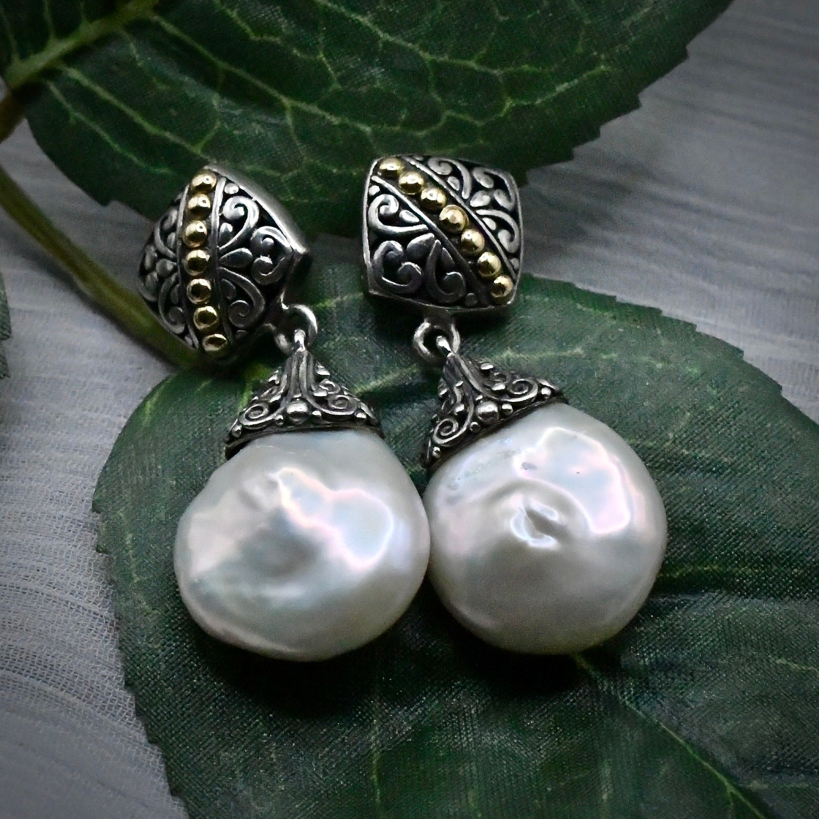 Samuel B Artisan Sterling Silver 18K Gold Baroque Pearl Fox Earrings 925