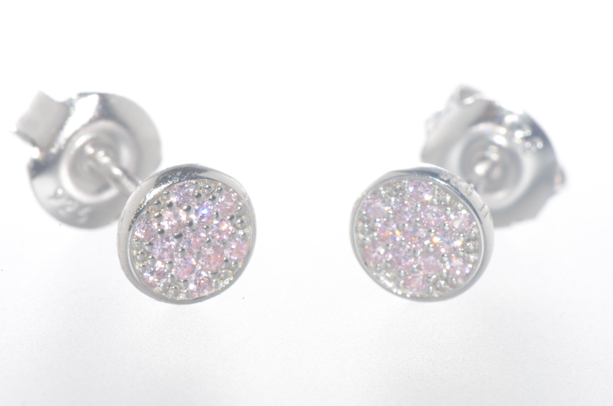 Sterling Silver Pink CZ Stud Earrings Pave Cubic Zirconia 6mm Circle