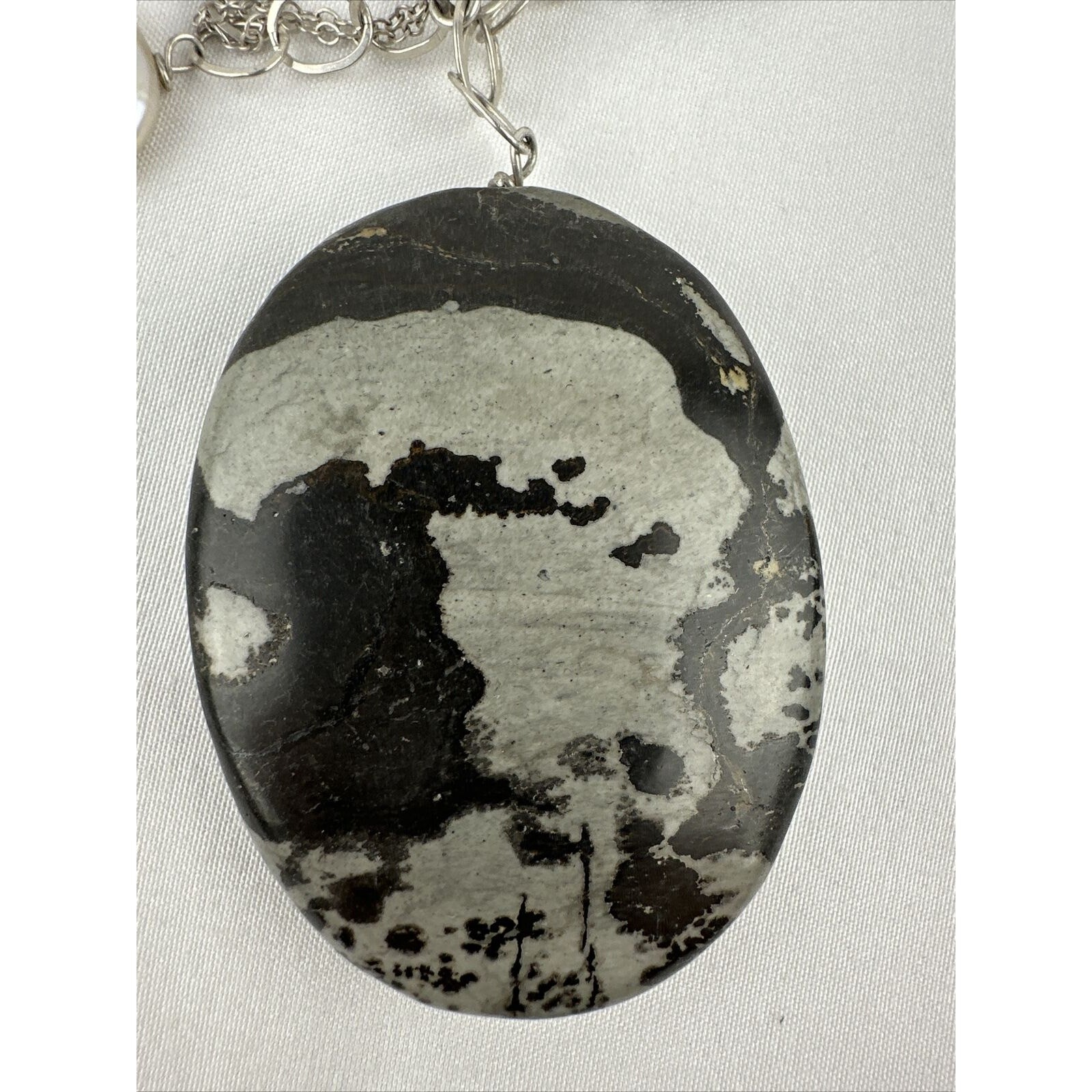 Artist Made Pendant Sterling Silver Chain Natural Pearl Marble Zebra Jasper