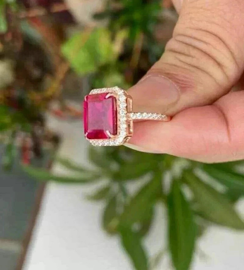 3.10 Ct Emerald Cut Natural Ruby Diamond Wedding Ring 14K Solid Yellow Gold