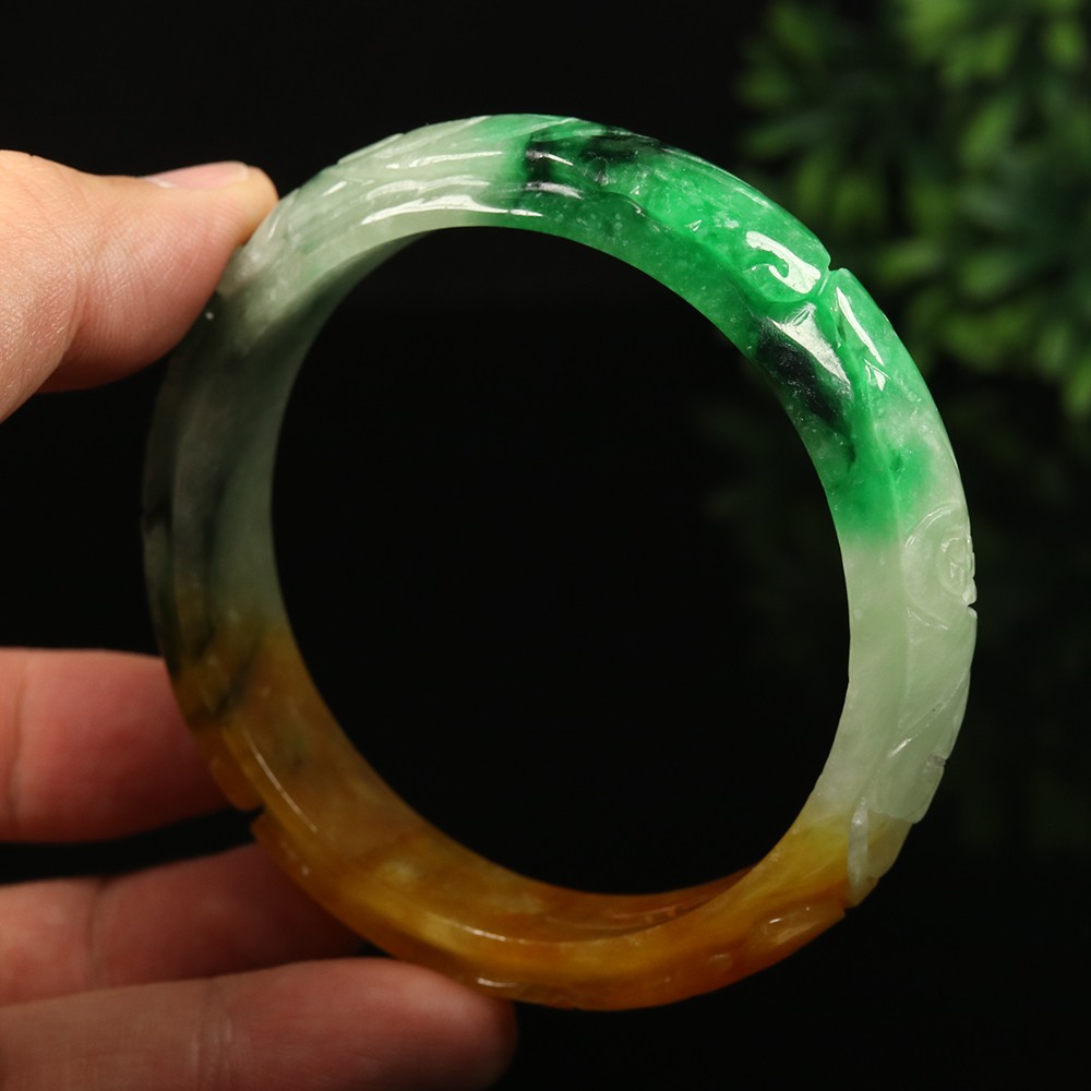 65mm White Brown Green Burma Jadeite Jade Bangle Bracelet Ruyi Fish Bat A-14861