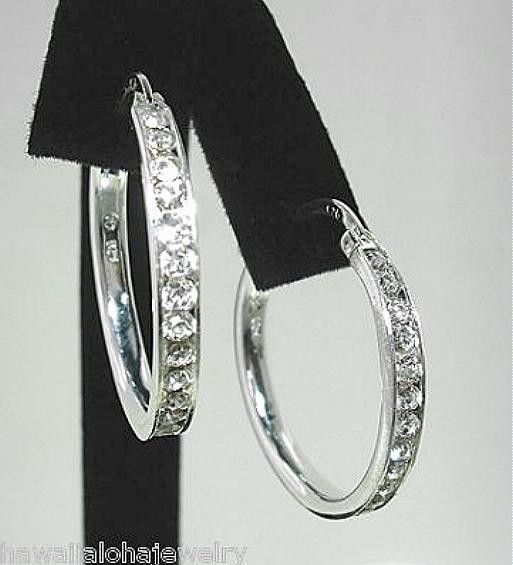 26mm Rhodium Over Sterling Silver Sparkly Clear CZ Eternity Round Hoop Earrings