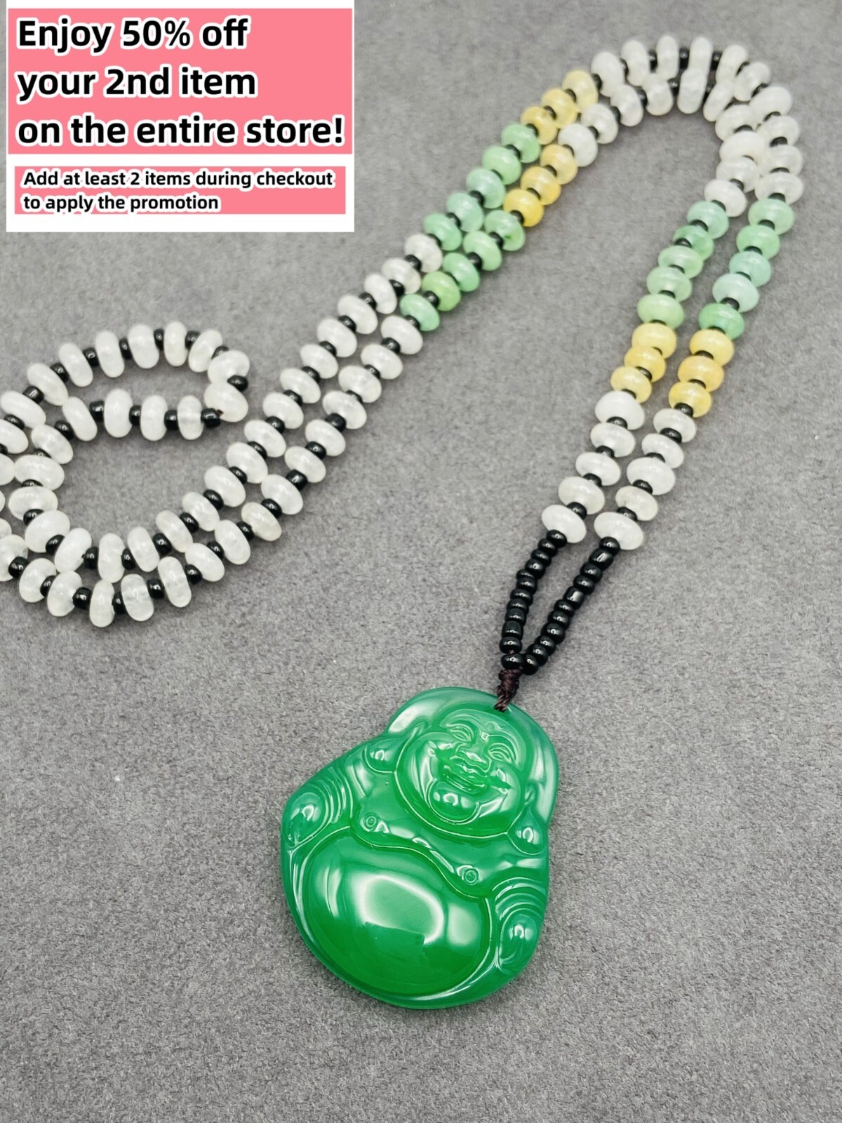 Jade Buddha Charm Pendant Necklace W/ Beads Cord Chain Handmade Carved Gemstone