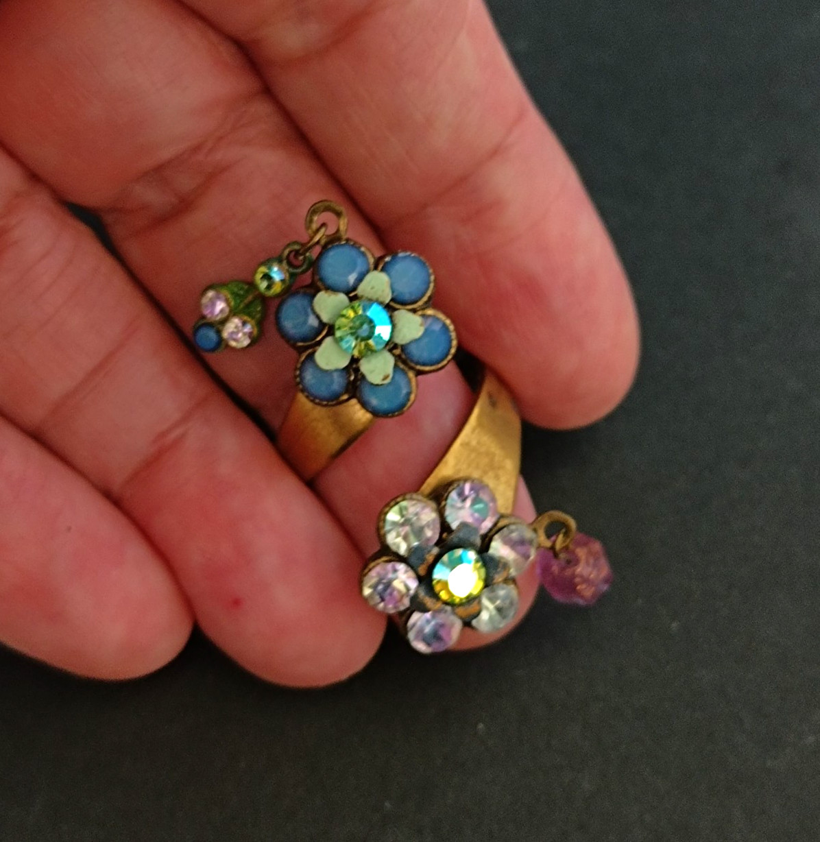 Michal Negrin Split Shank Floral Ring Romantic Boho Crystal Charm Statement VTG
