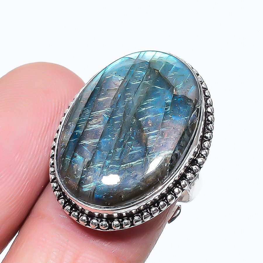 Blue Fire Labradorite Oval Shape Gemstone Adjustable Ring Decent Jewelry FR 1795