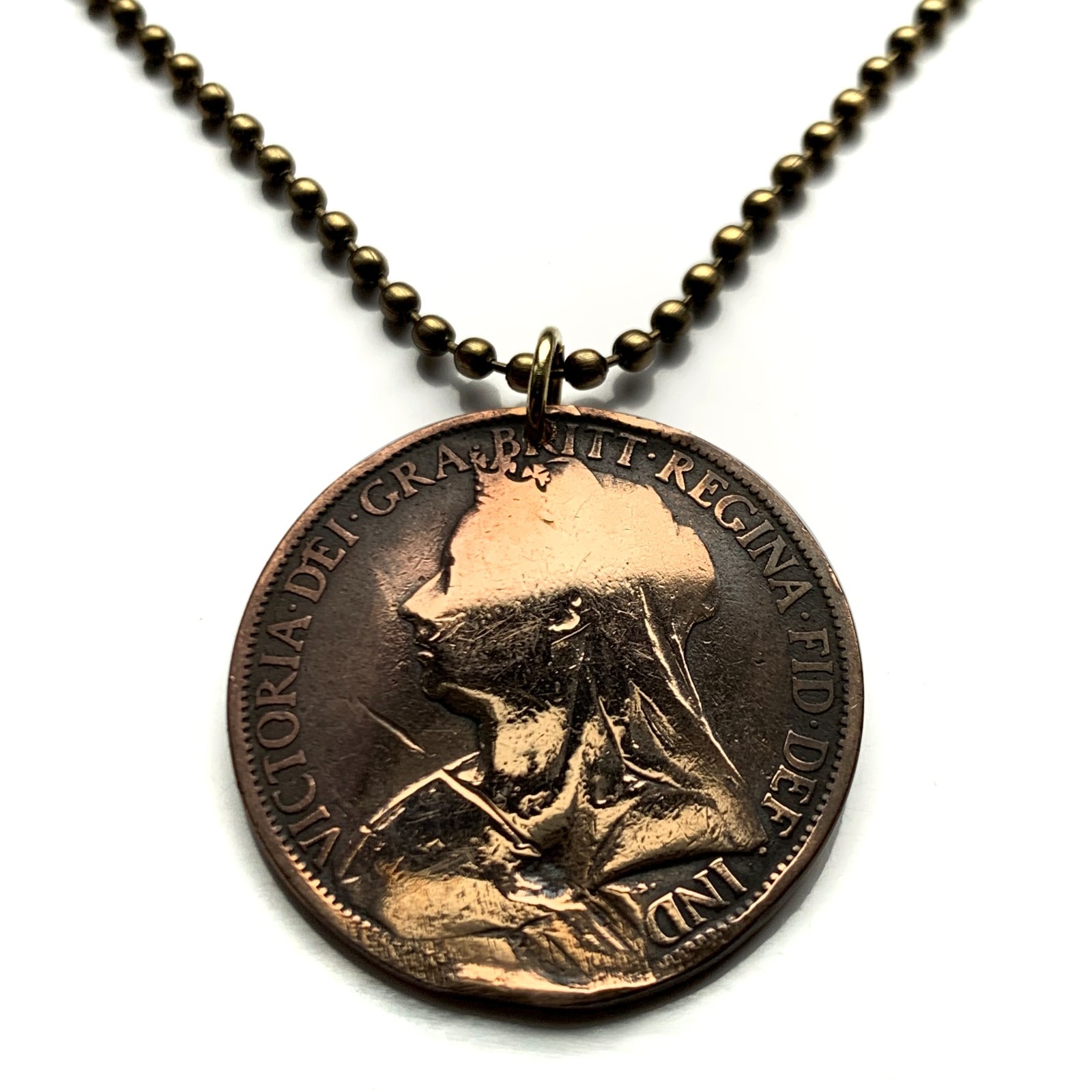 1895-1901 United Kingdom 1 Penny coin pendant Queen Victoria London Leeds 001616