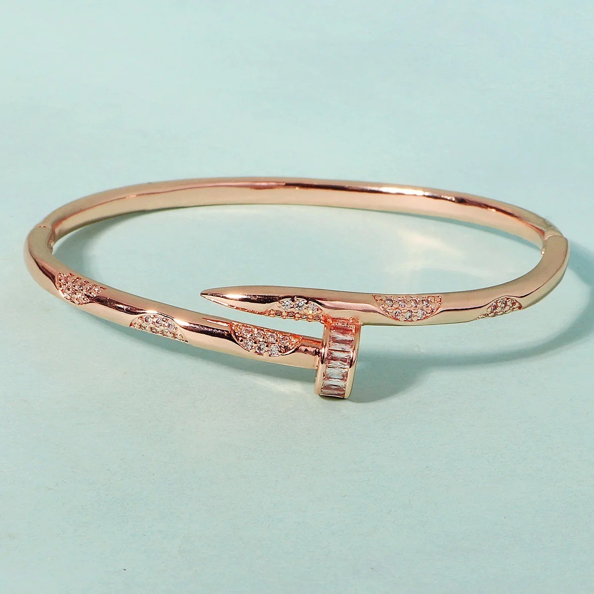 14k Yellow Gold plated Open Nail Bolt Trendy Bracelet AAA quality cubic zirconia