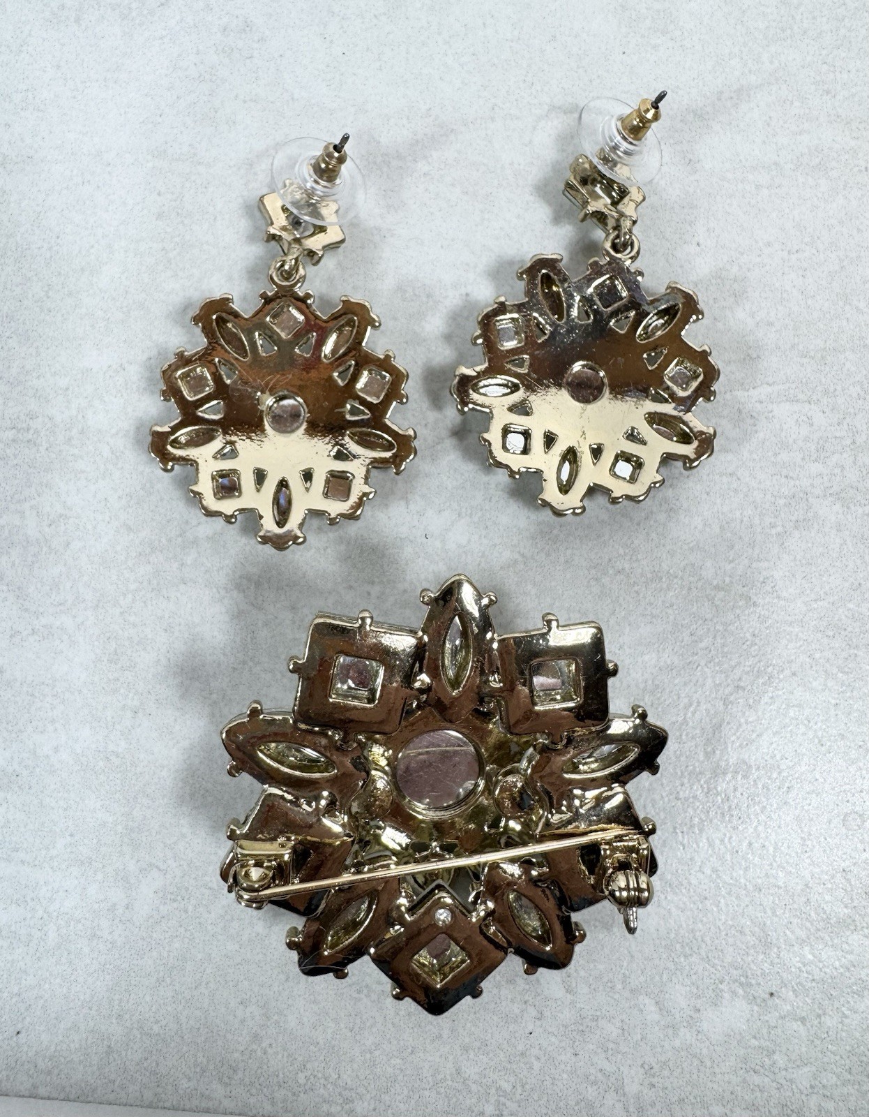 Pierced Dangle Earrings and Brooch Set Clear Rhinestones Large Bold Statement 2”