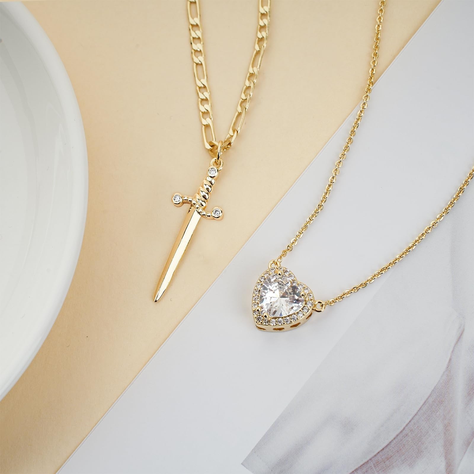 Couples Necklace Set – 14K Gold Plated Sword & Heart, Zirconia Jewelry Gift for