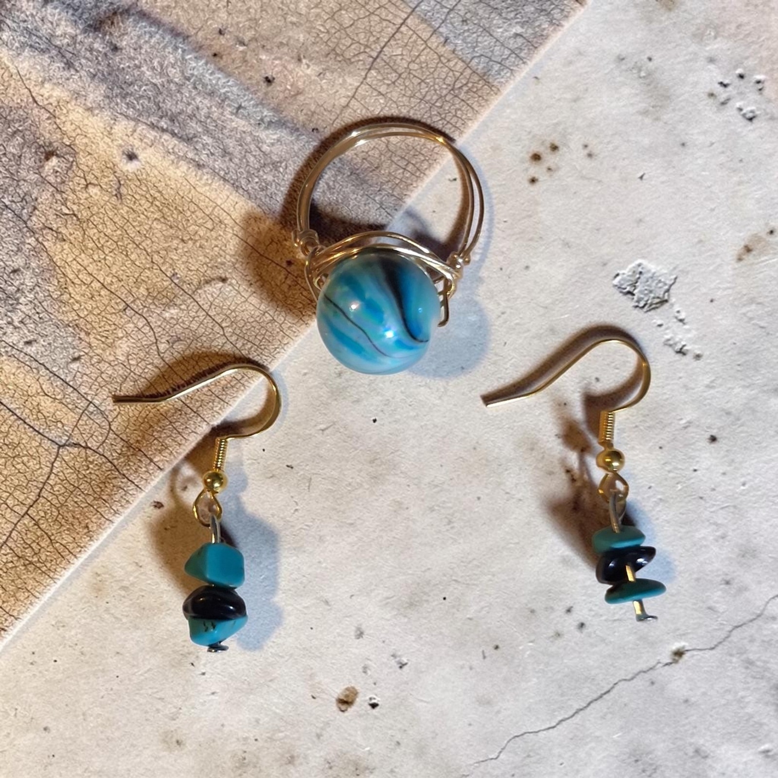 Blue & Black Round Stone Ring & Chip Bead Dangle Drop Hook Earrings for Lobe