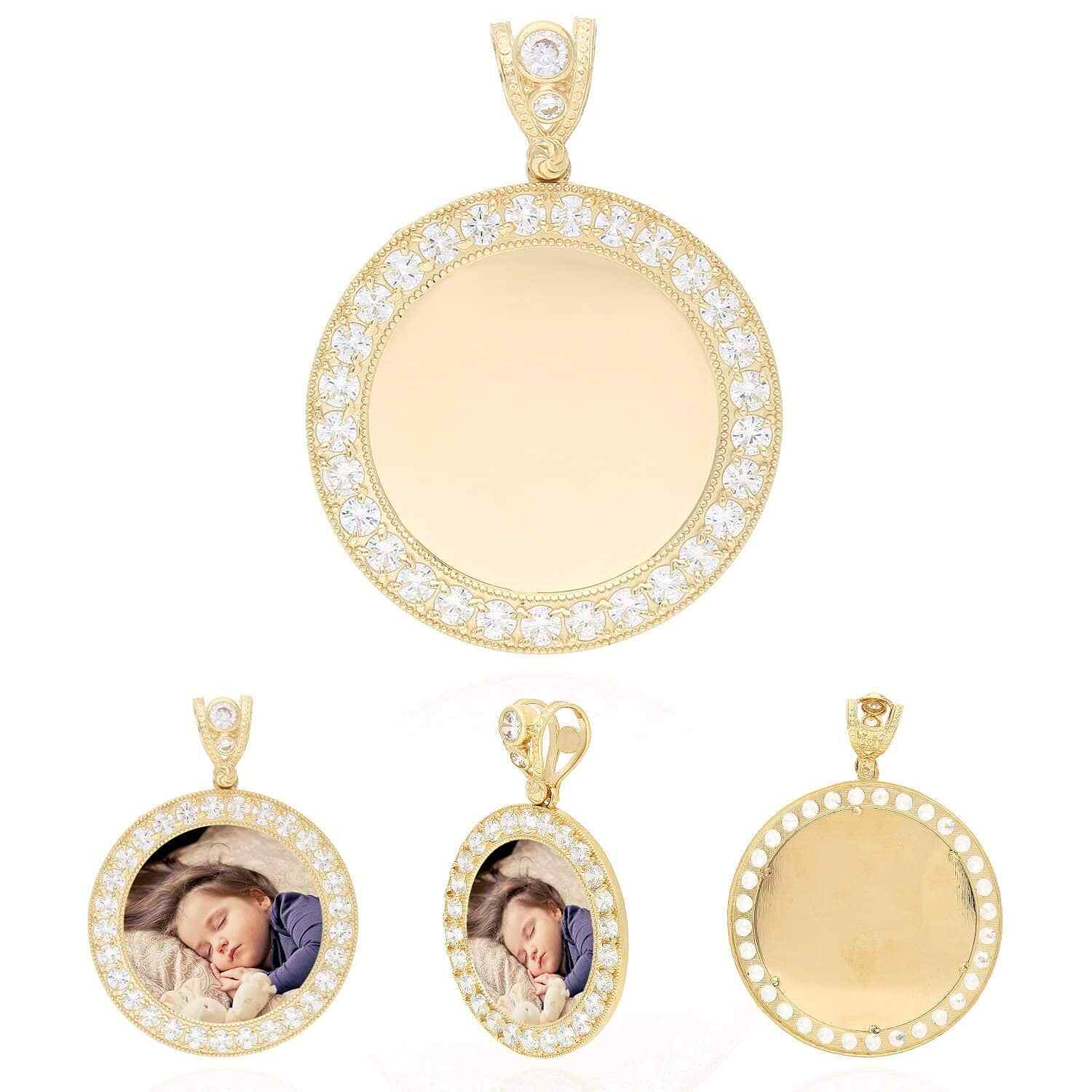 10K Yellow Gold Simulated Diamond Picture Frame Medallion Pendant 24mm-50mm