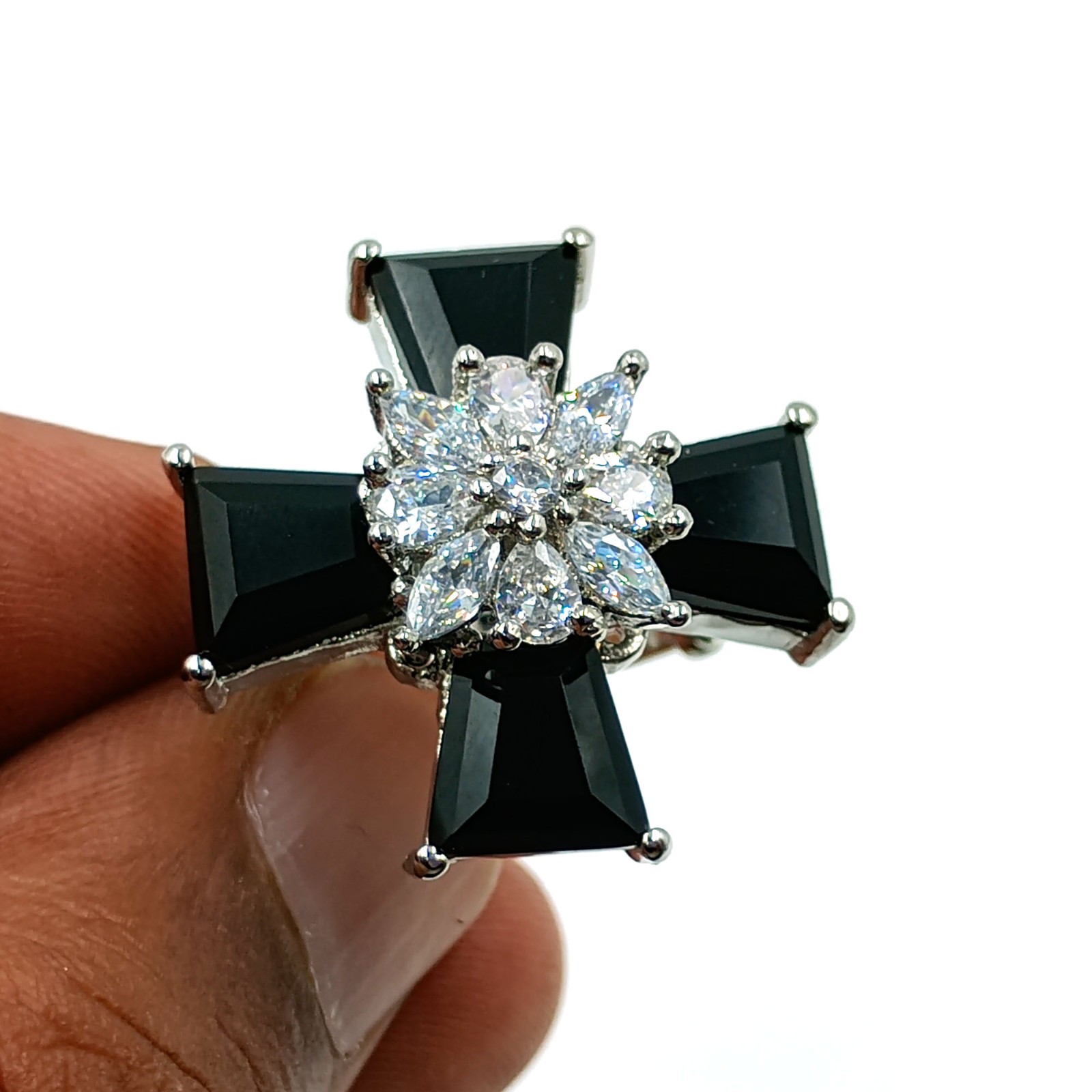 Black Stone CZ Cross Ring White Plated Adjustable Band Gothic Statement Jewelry
