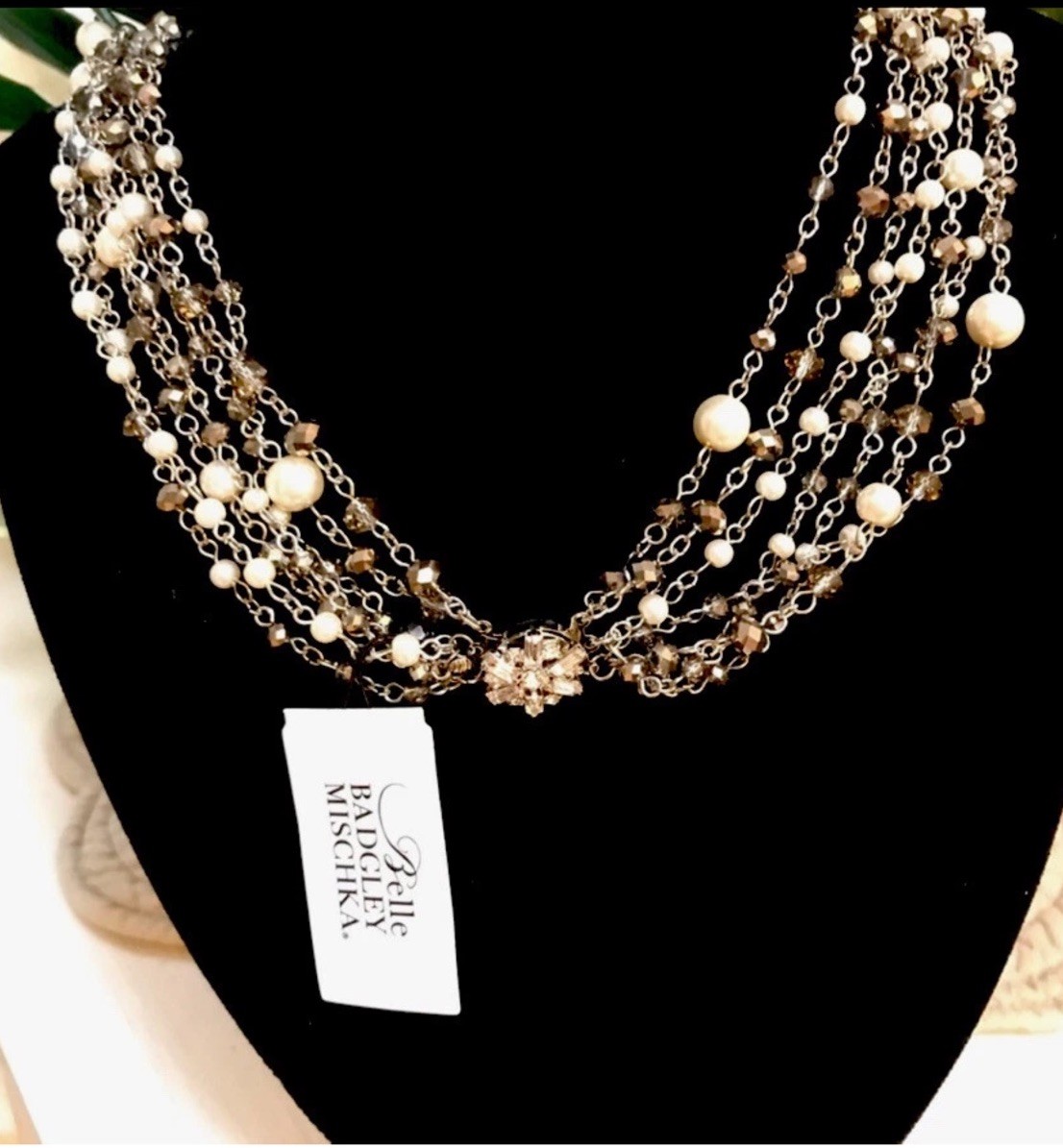 Belle Badgley Mischka Silver Crystal Pearl Statement Necklace & Earrings Set-NWT