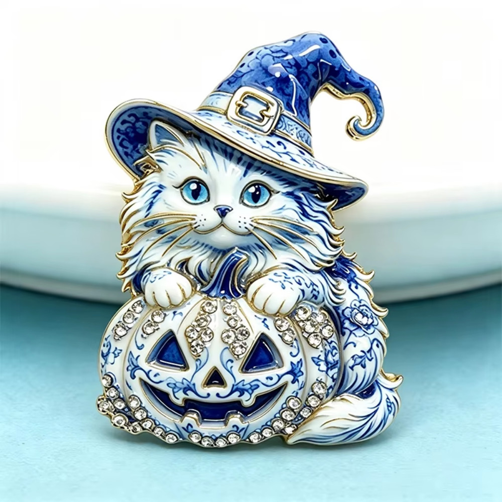 Blue White Halloween Witch Cat Pumpkin Flower Brooch Pin Gold Rhinestone Jewelry