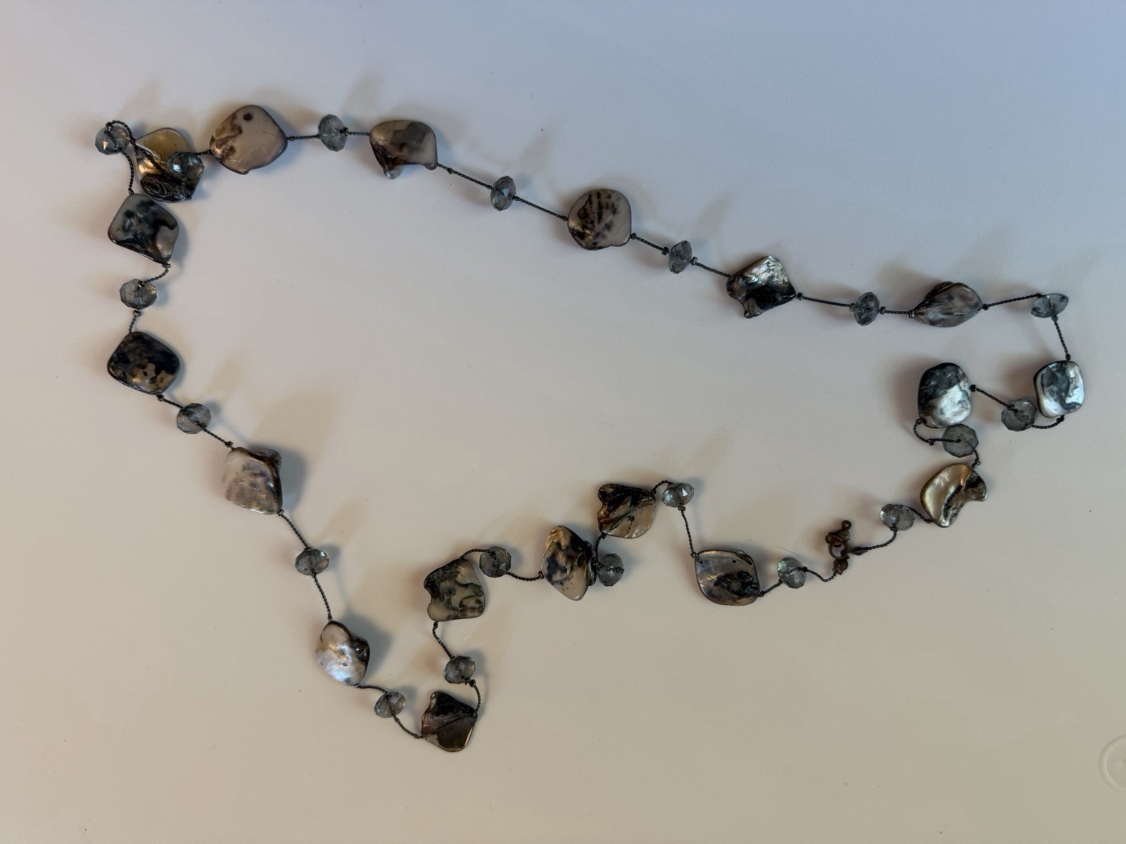 Gray Mother of Pearl/Abalone & Crystal Beaded Station Necklace, Freeform