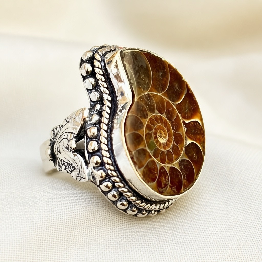 Natural Ammonite Gemstone Handmade 925 Sterling Silver Ethnic Jewelry Ring