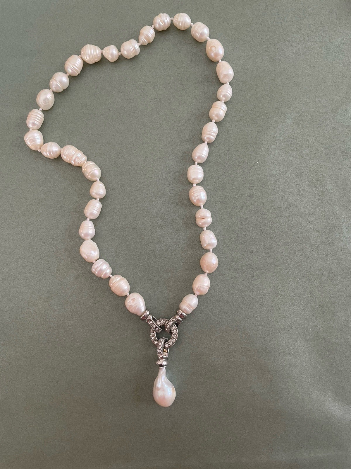 Baroque White Natural Pearl Lariat Necklace Removable Clasp Teardrop Pendant