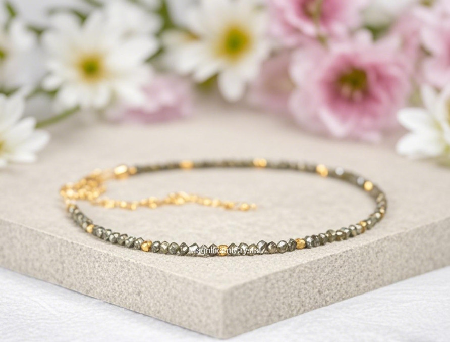 Natural Pyrite Stone Dainty Bracelet 2mm Gemstone Women Jewelry Mothers Day Gift