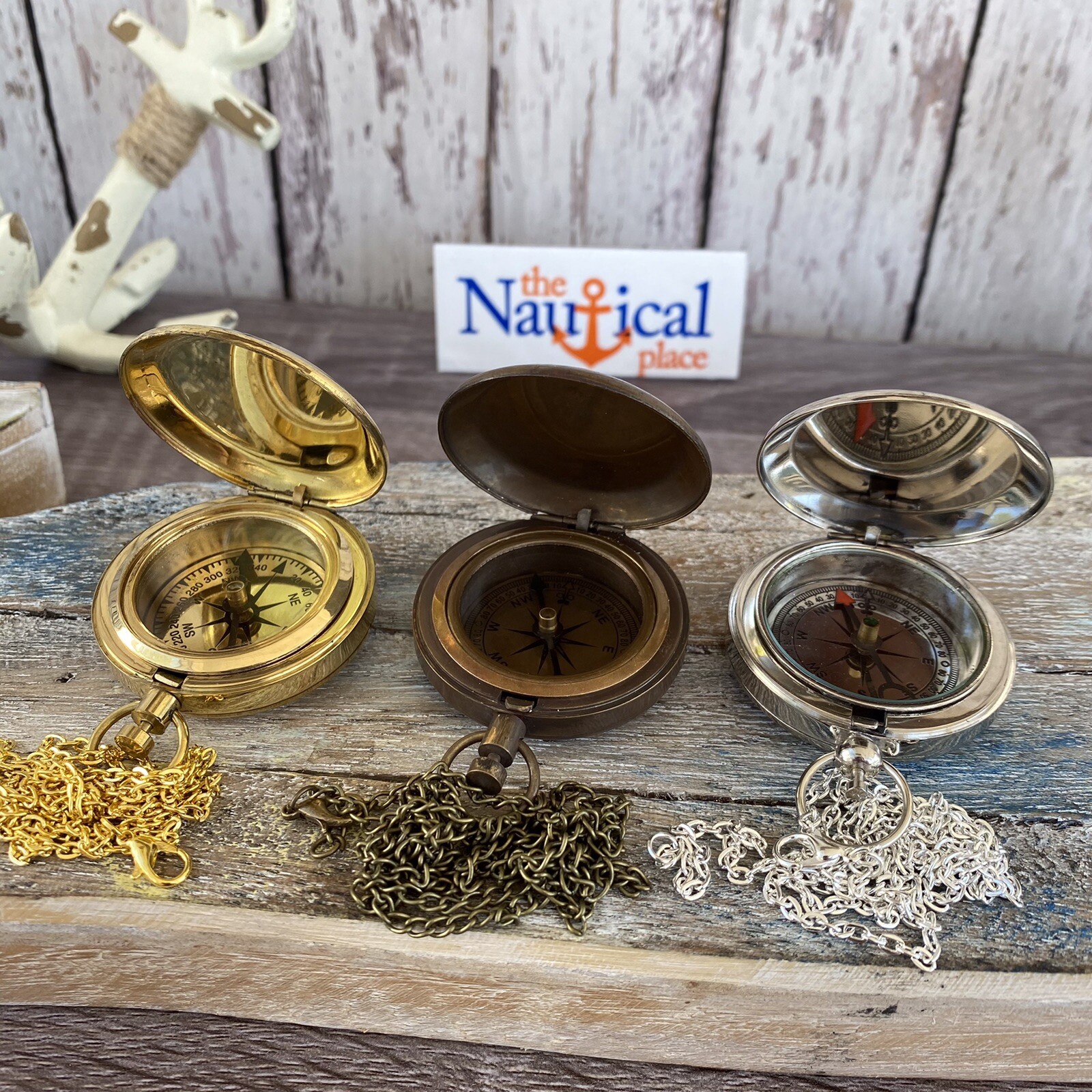 Brass Compass – Sundial, Push Button w/ Lid – Antique, Gold, Silver – Necklace