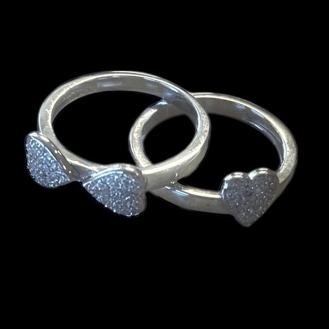 Pave’ Heart Stacking Ring Set 2 Piece Shimmering CZ Cluster Rings Silver Tone 7