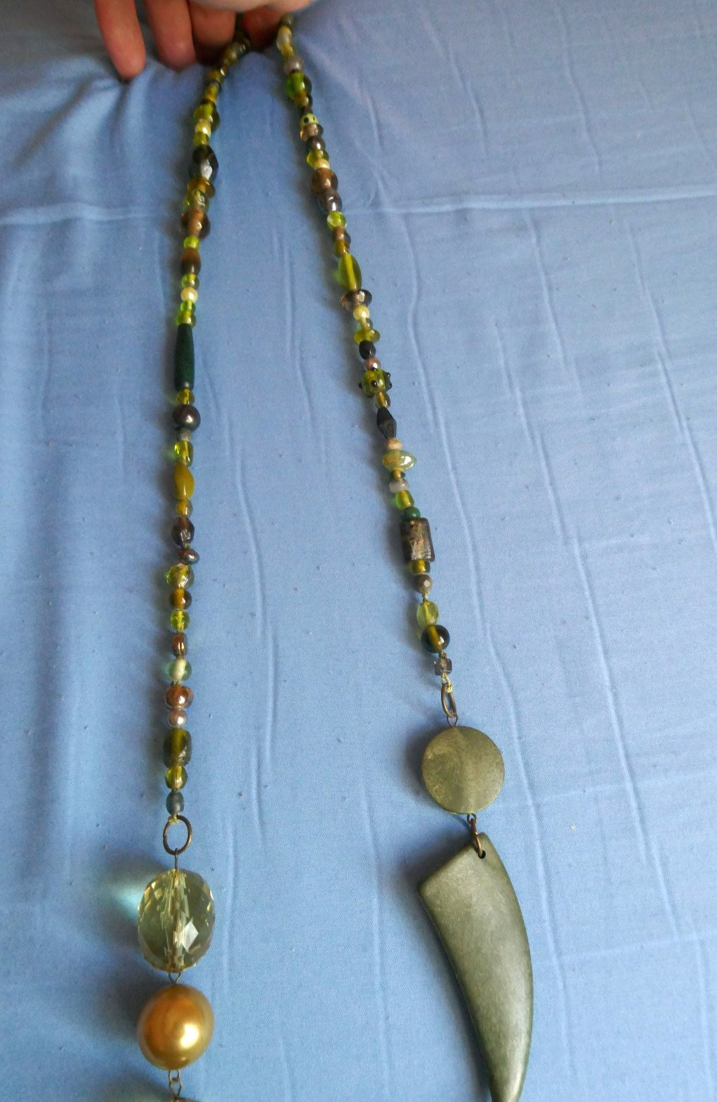 40″ Long Necklace Green Copper Gold Large Abstract Shapes Acrylic & Glass Beads
