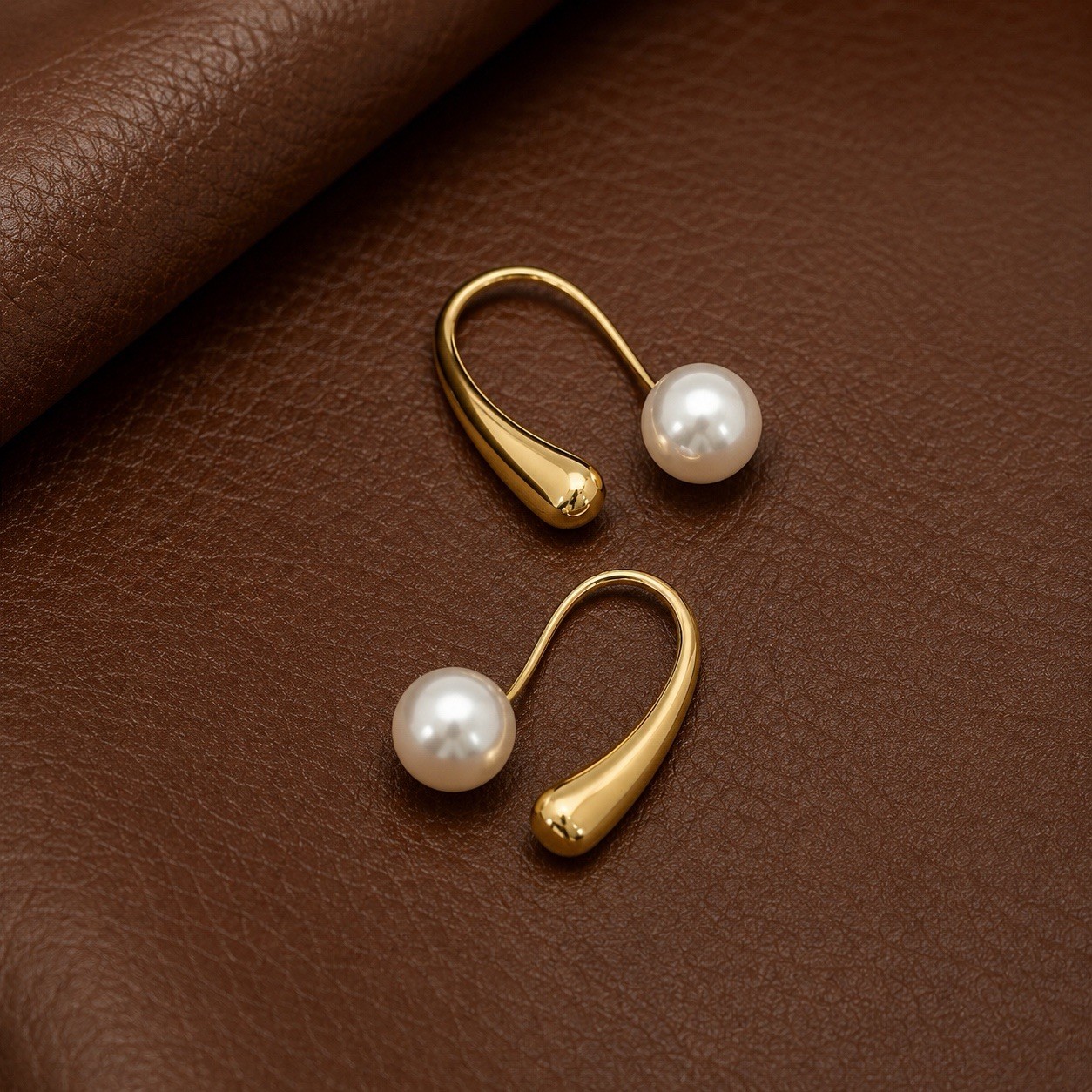 Anthropologie Pearl Horn Hoop Earrings Gold Stud CZ Boho Cuff Back Front