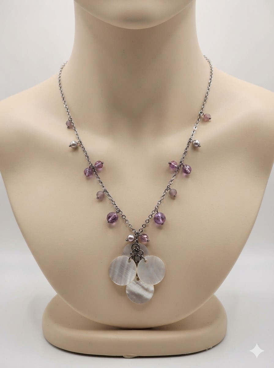 Cookie Lee Coquette Beaded Shell Necklace Silver Tone Pink Beads Mother of Pearl