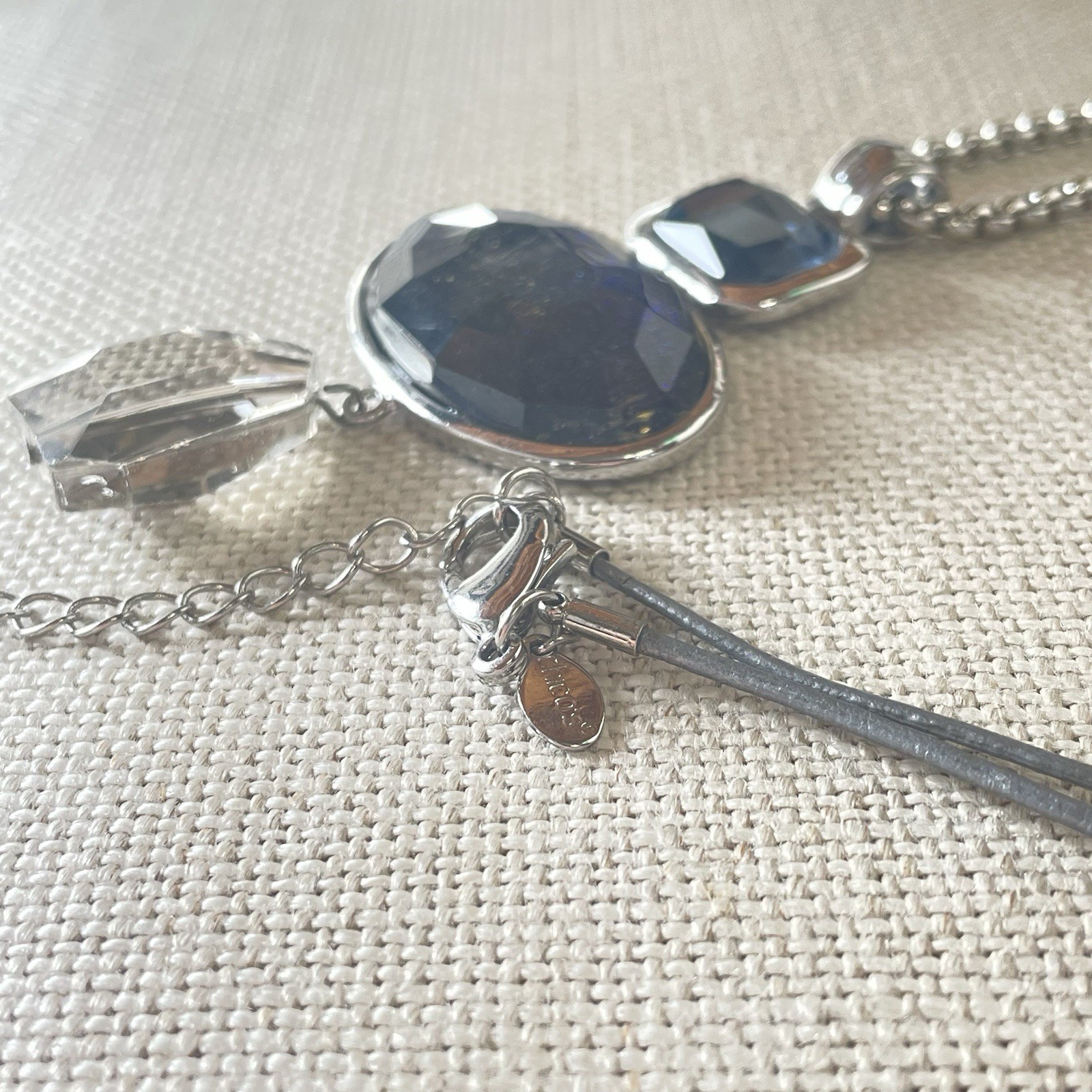 Chico’s Silver Tone Textured Chain Gray Cord Blue Jewel Charm Necklace Chic 34”