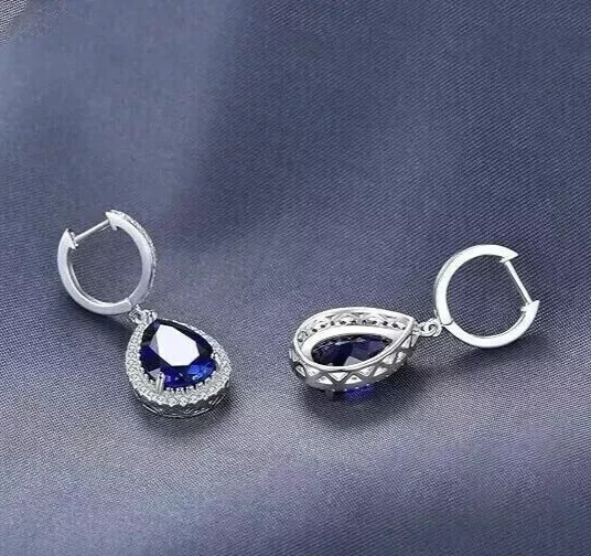 Clip On Drop Earrings Pear Cut Simulated Blue Sapphire In 14k White Gold Plated