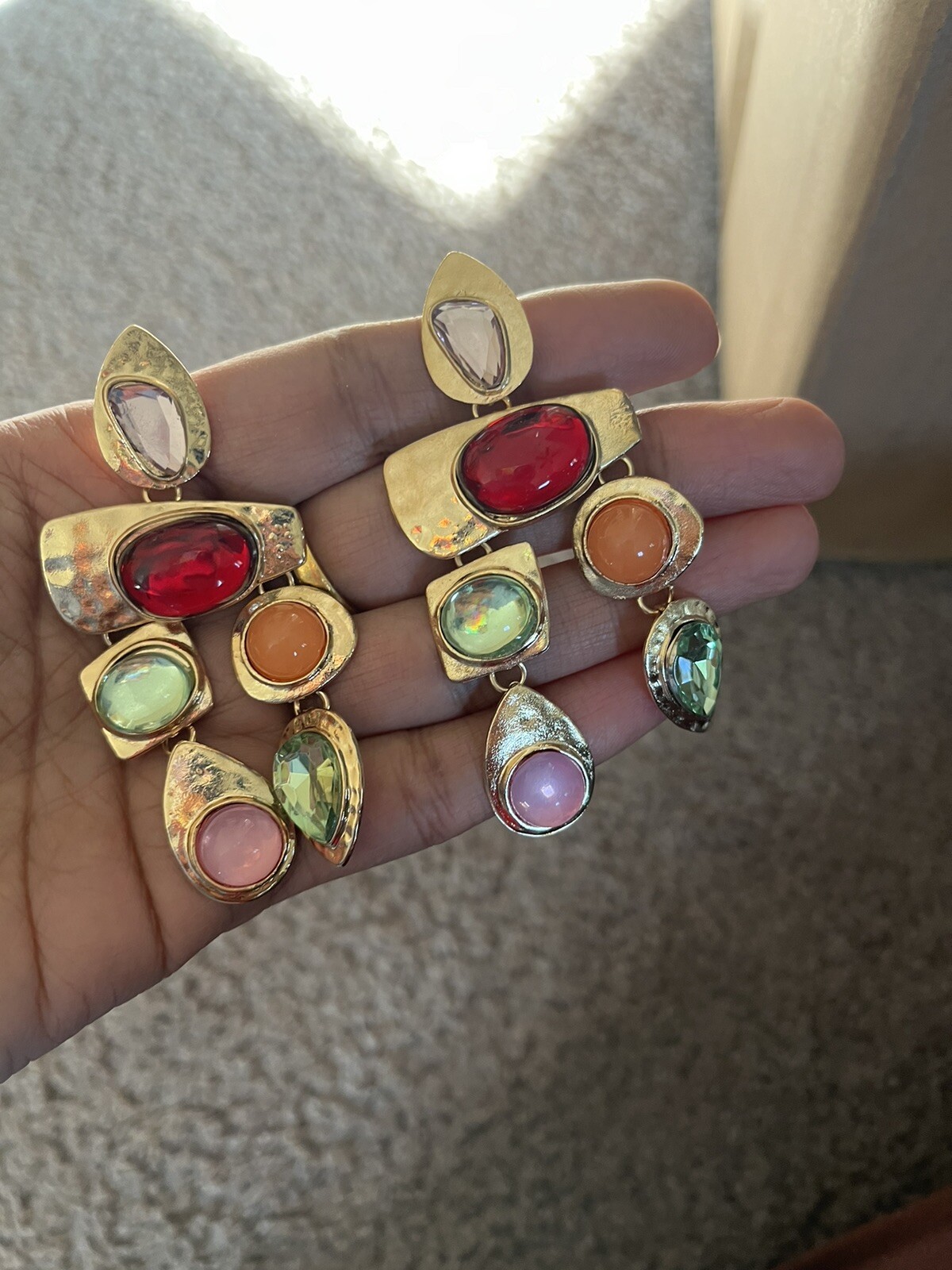 Gold Earrings Large Big Dangle Long Statement Red Orange Vintage Style Wedding