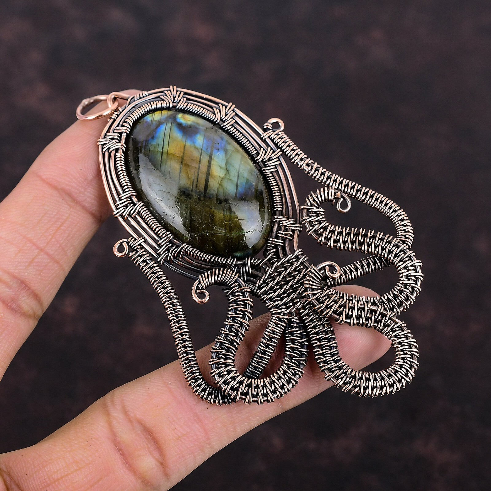 Gift For Her Copper Labradorite Jewelry Wire Wrapped Octopus Pendant 3.58″