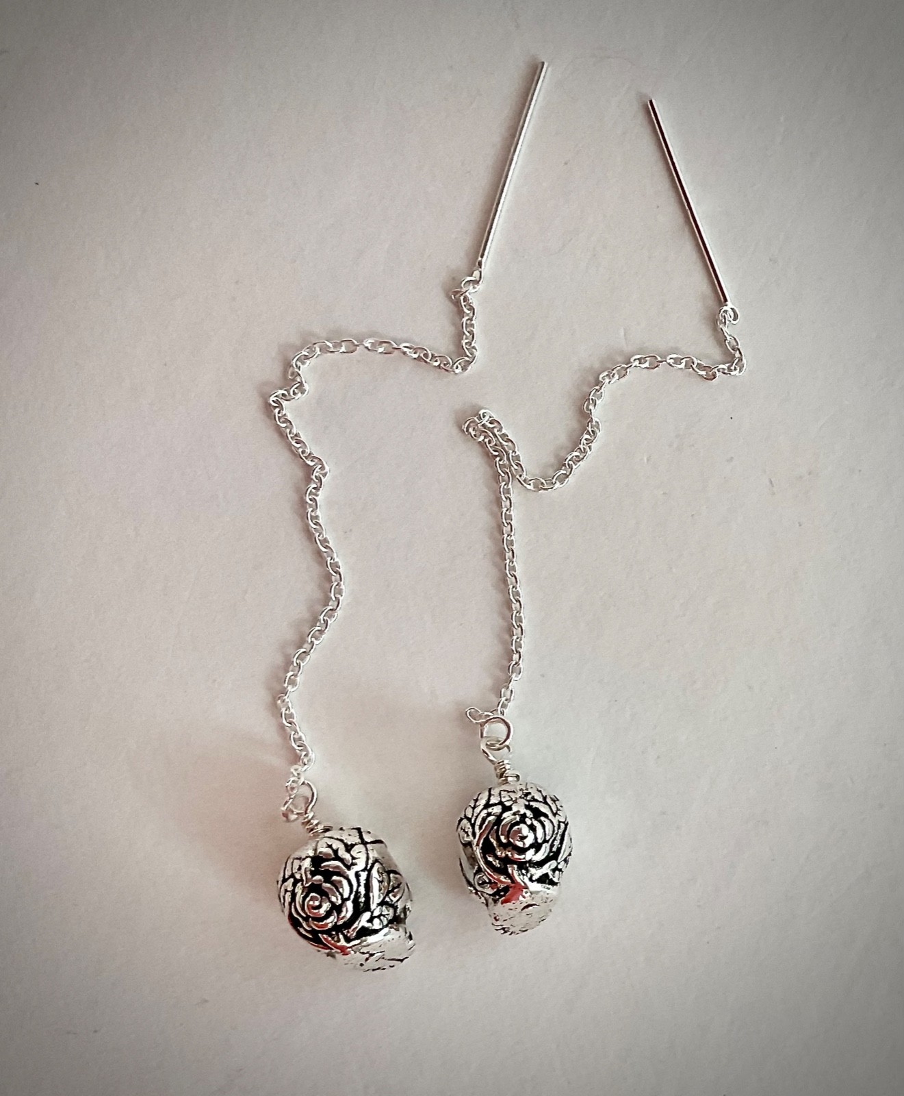 *IAJ* .925 STERLING SILVER Ear Threader Earrings w/3-D SILVER sp SUGAR SKULLS