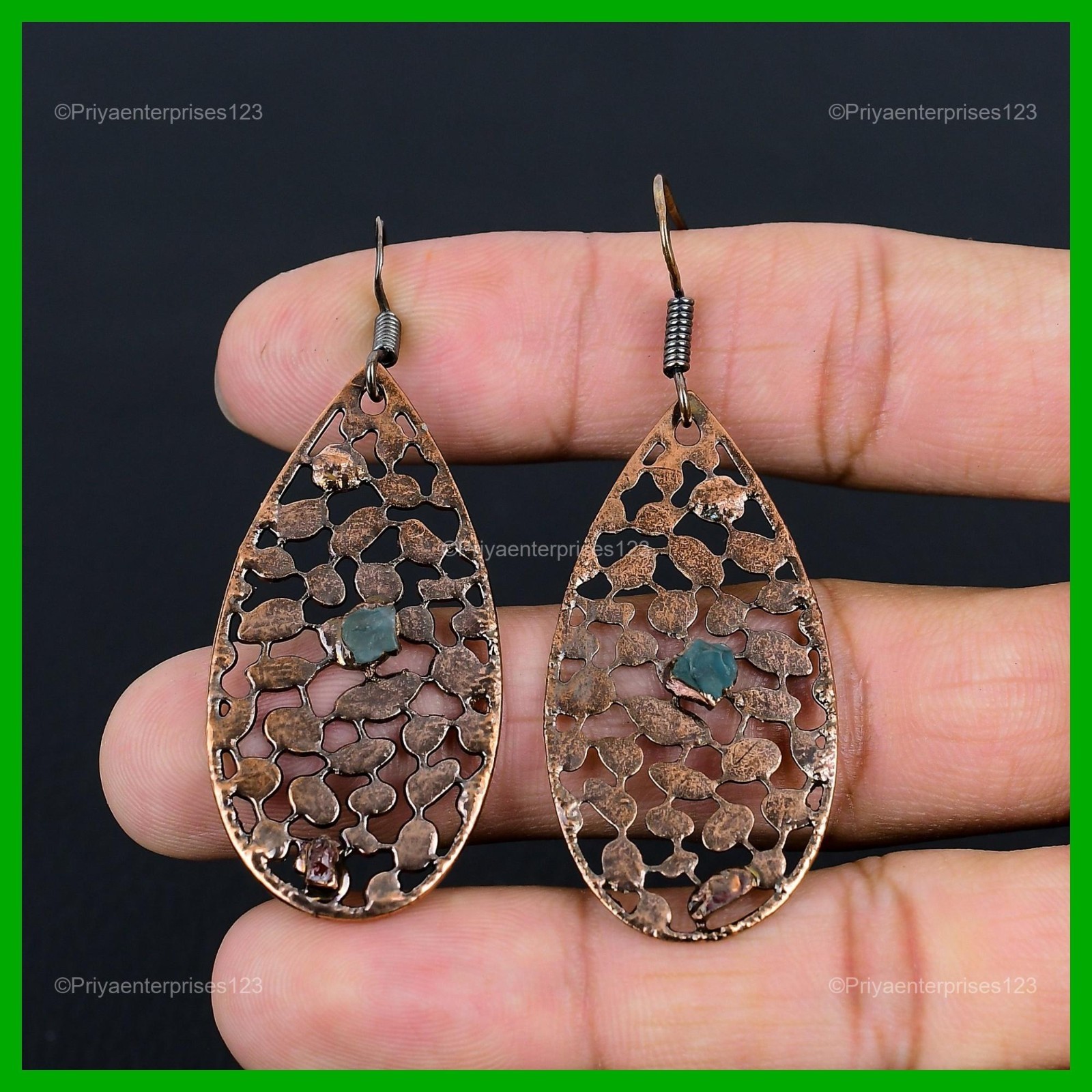 Pentagon Natural Chrome Diopside Copper Daughter New Electroformed Drop Earrings