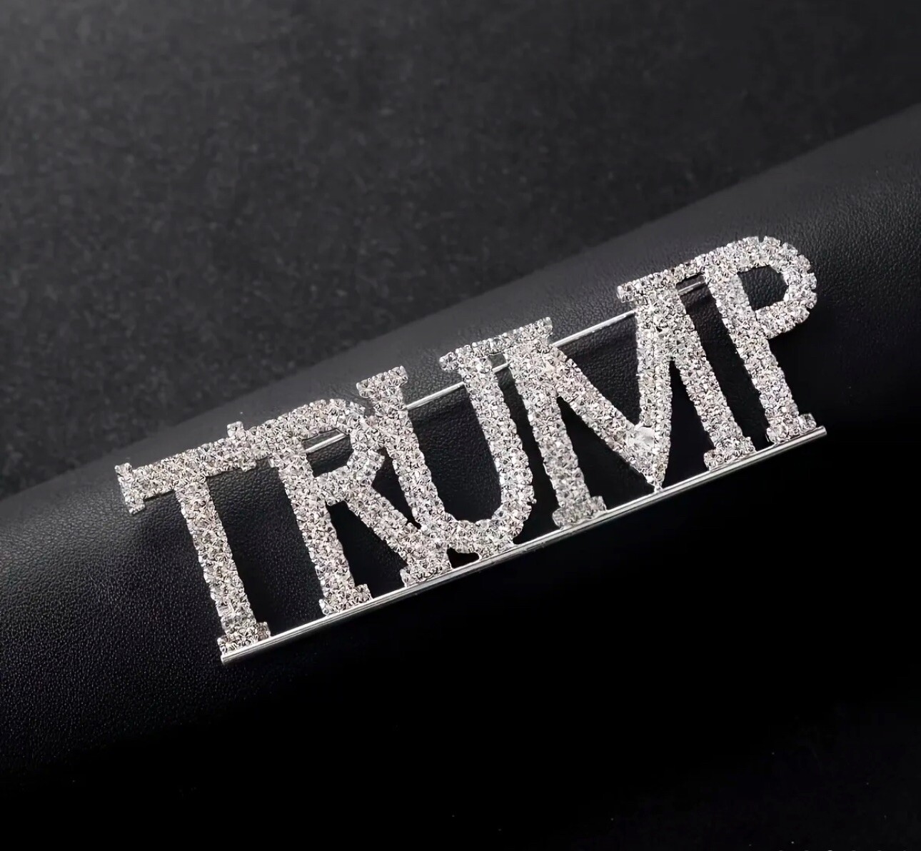 TRUMP MAGA Republican GOP Sparkly BLING Rhinestone Crystals Silver BIG BroochPin