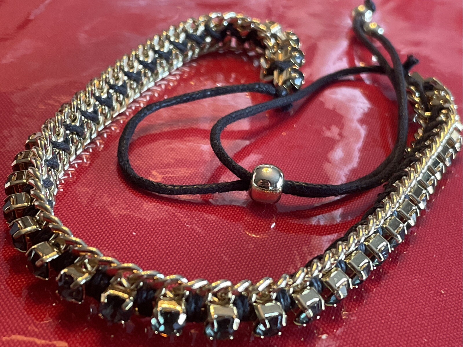 Adjustable Slider Chocker Necklace GoldTone With Black Rhinestones Cording M3