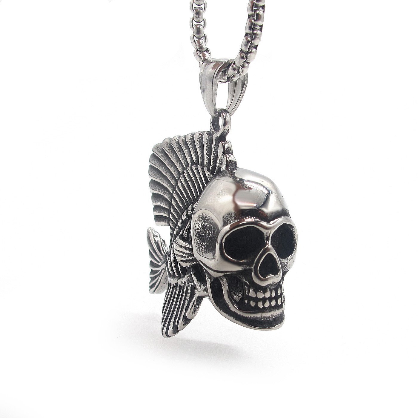 MENDEL Mens Stainless Steel Fish Bone Skeleton Biker Punk Skull Pendant Necklace