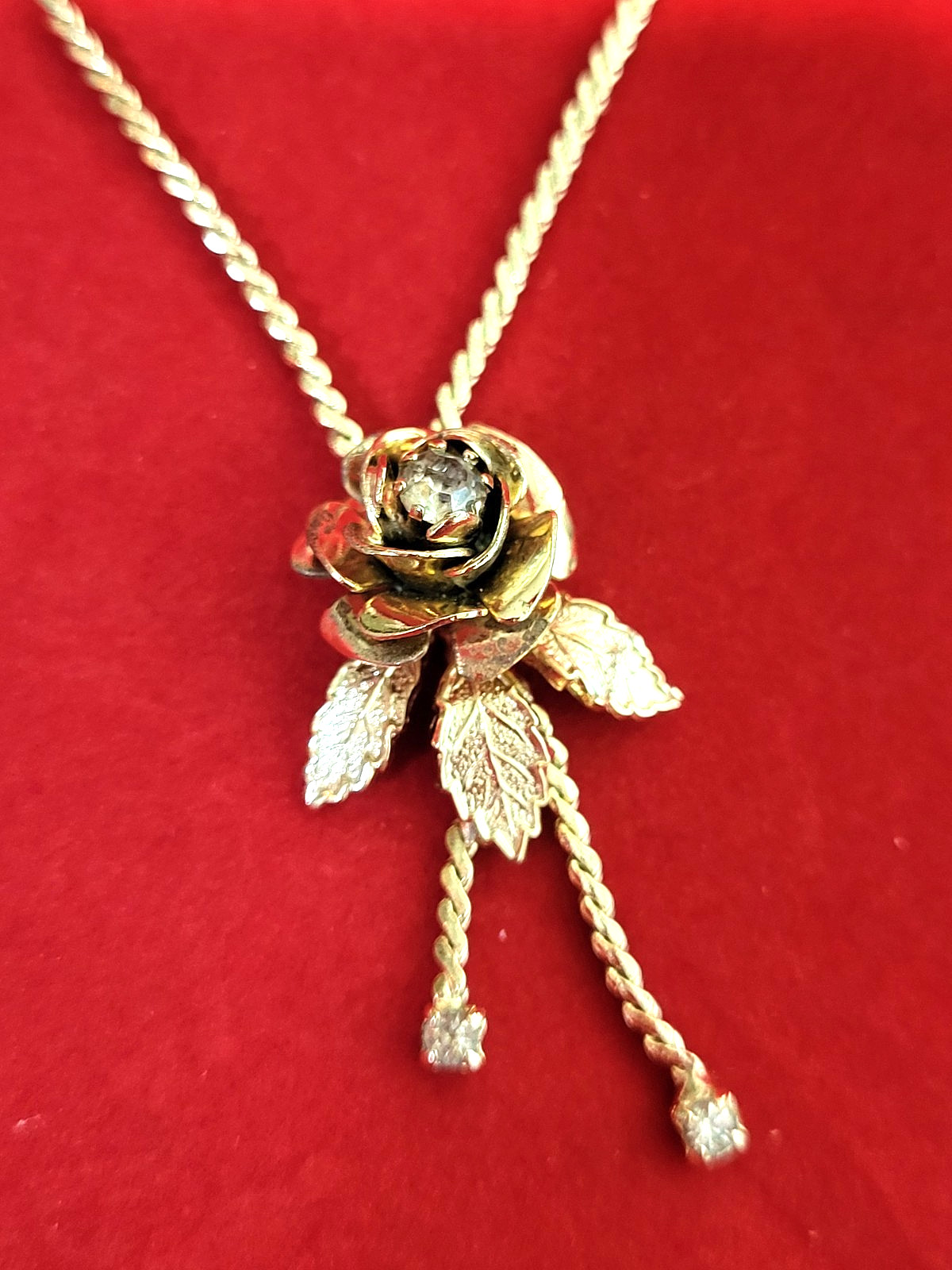 Pretty Fashion Goldtone Necklace with Rhinestone Accented Rose on 16″ Chain