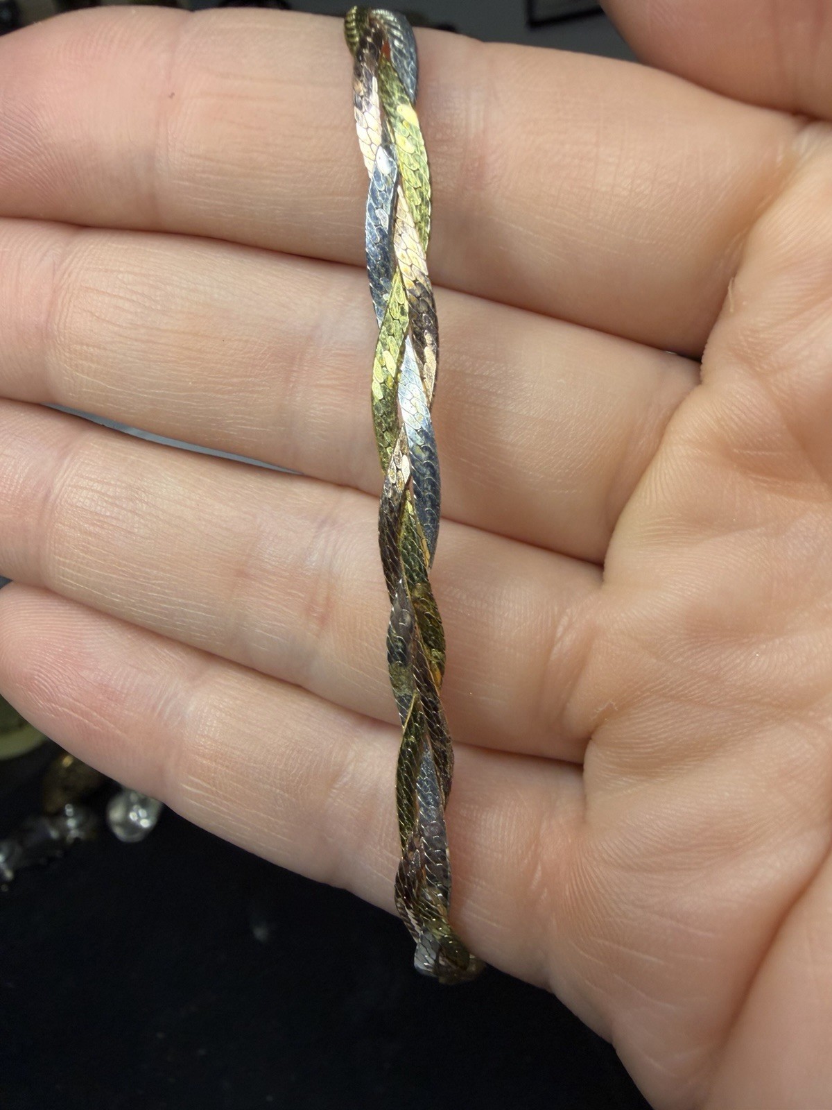 Solid 925 Silver Tri Color Yellow Rose Gold Plated Twisted Braided Herringbone