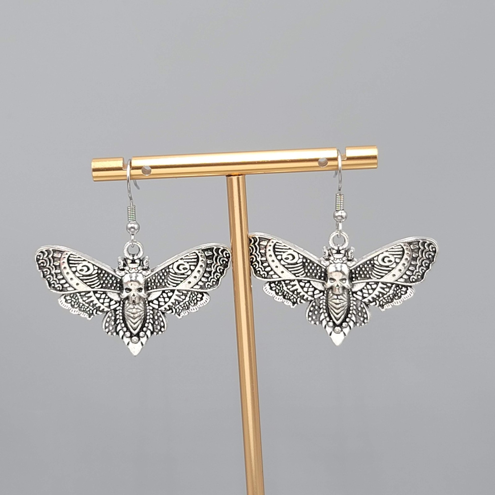 Moth Silver tone Embossed Pierced Earrings Dangle Goth Rock Punk 1 5/8″ x 1 in