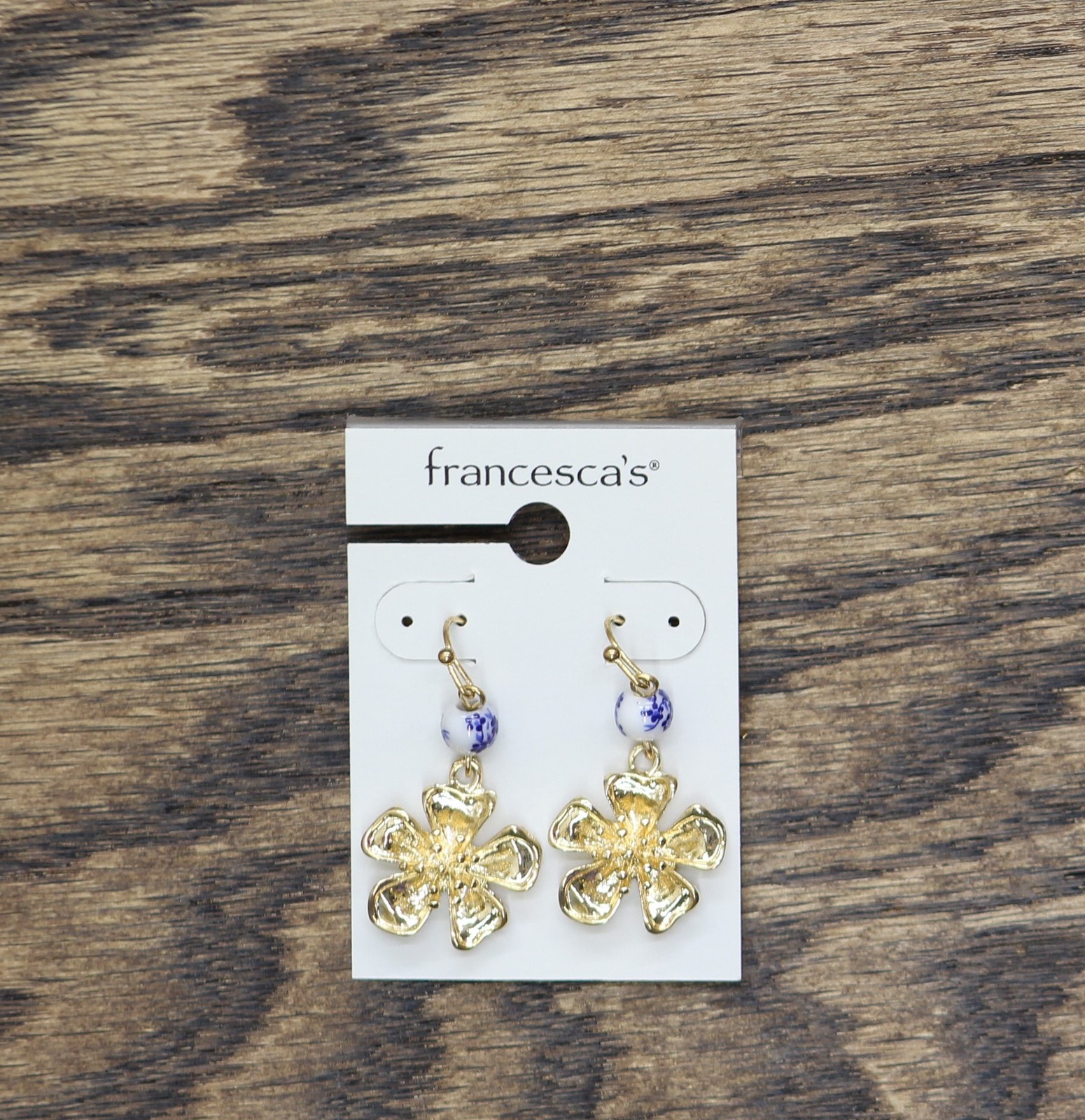 Francesca’s Ornate Flowers Painted Bead Dangly Earrings Gold / Blue Multi 1.75″