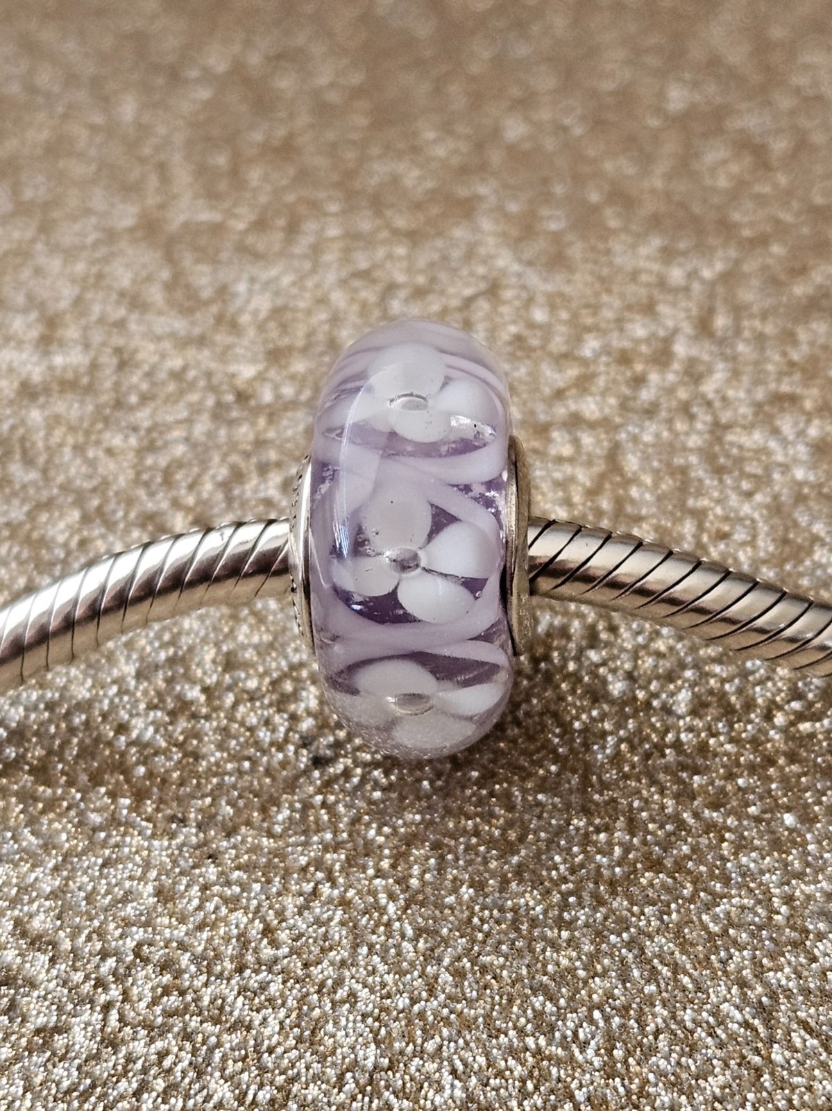 Authentic Pandora Silver Purple Field Of Flowers Murano Charm