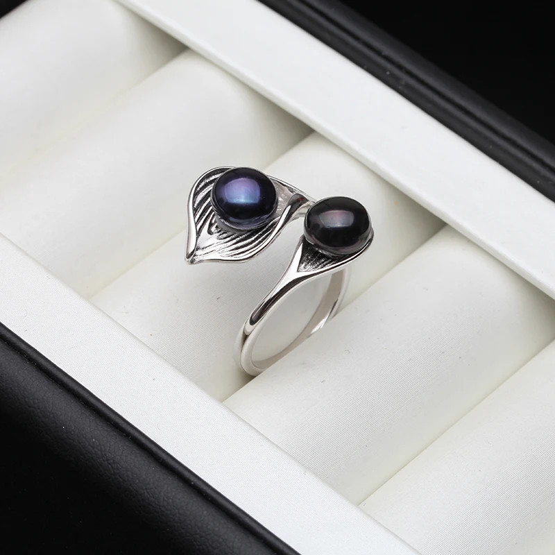 925 Sterling Silver Ring Freshwater Pearl Adjustable Double Band Jewelry