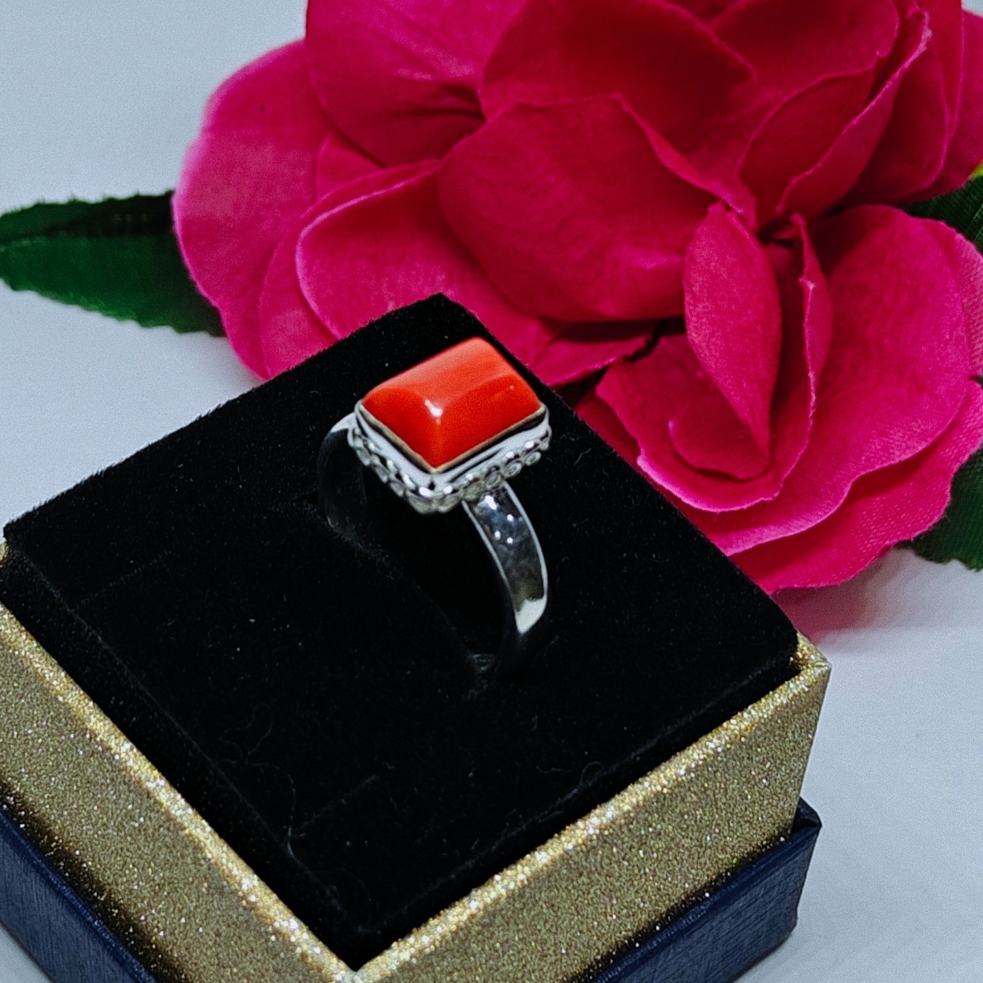 92.5 Sterling Silver Ring Red Coral Gemstone Adjustable Wedding Jewelry Gift.
