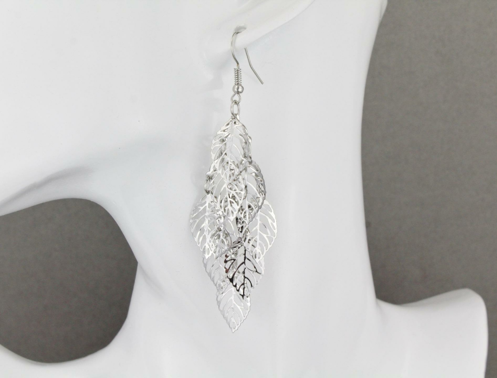 Silver chandelier earrings filigree leaf dangle pendant wiggly leaves 3.25″ long