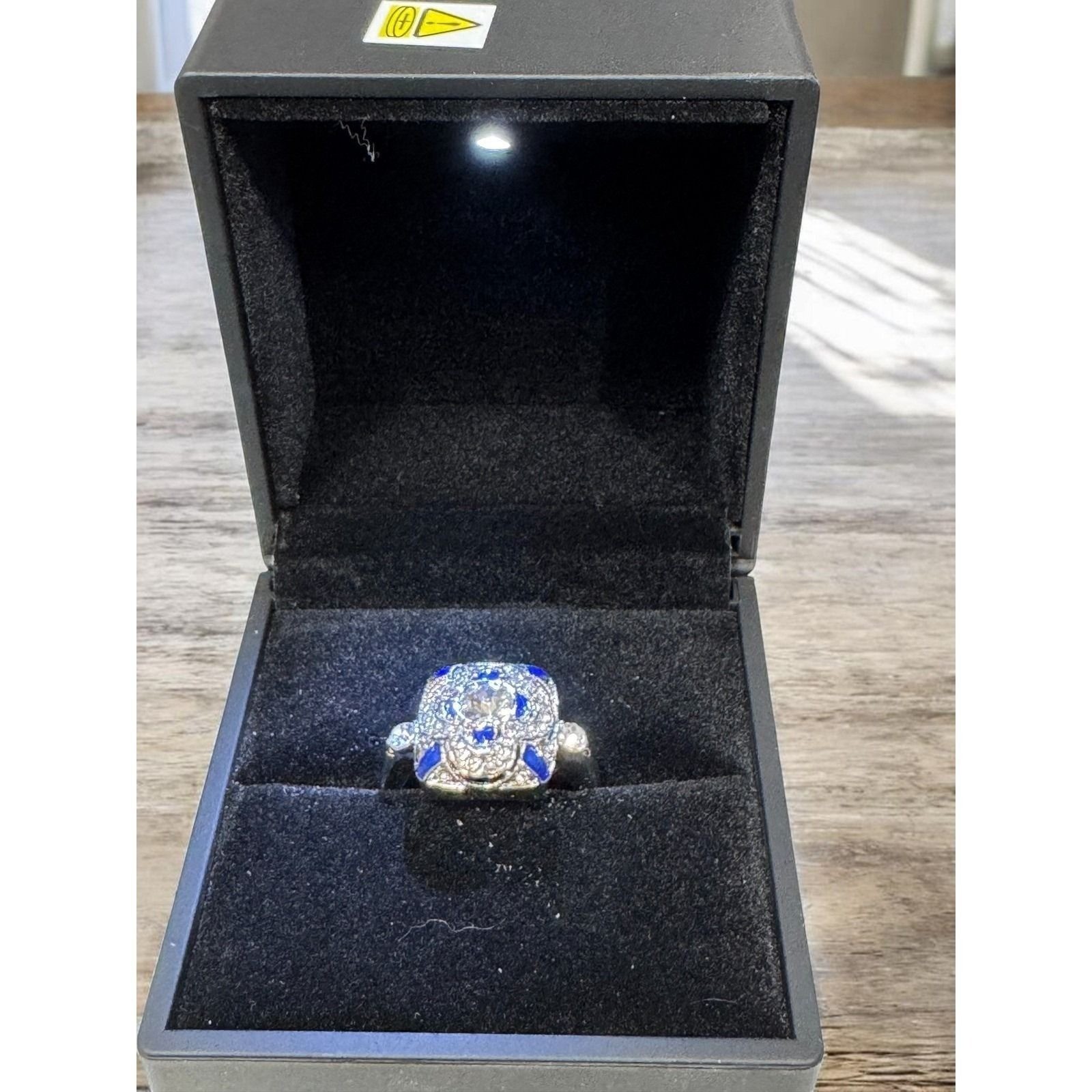 Sparkling Statement Ring Blue Accents Clear Stones Sterling Silver Size 8