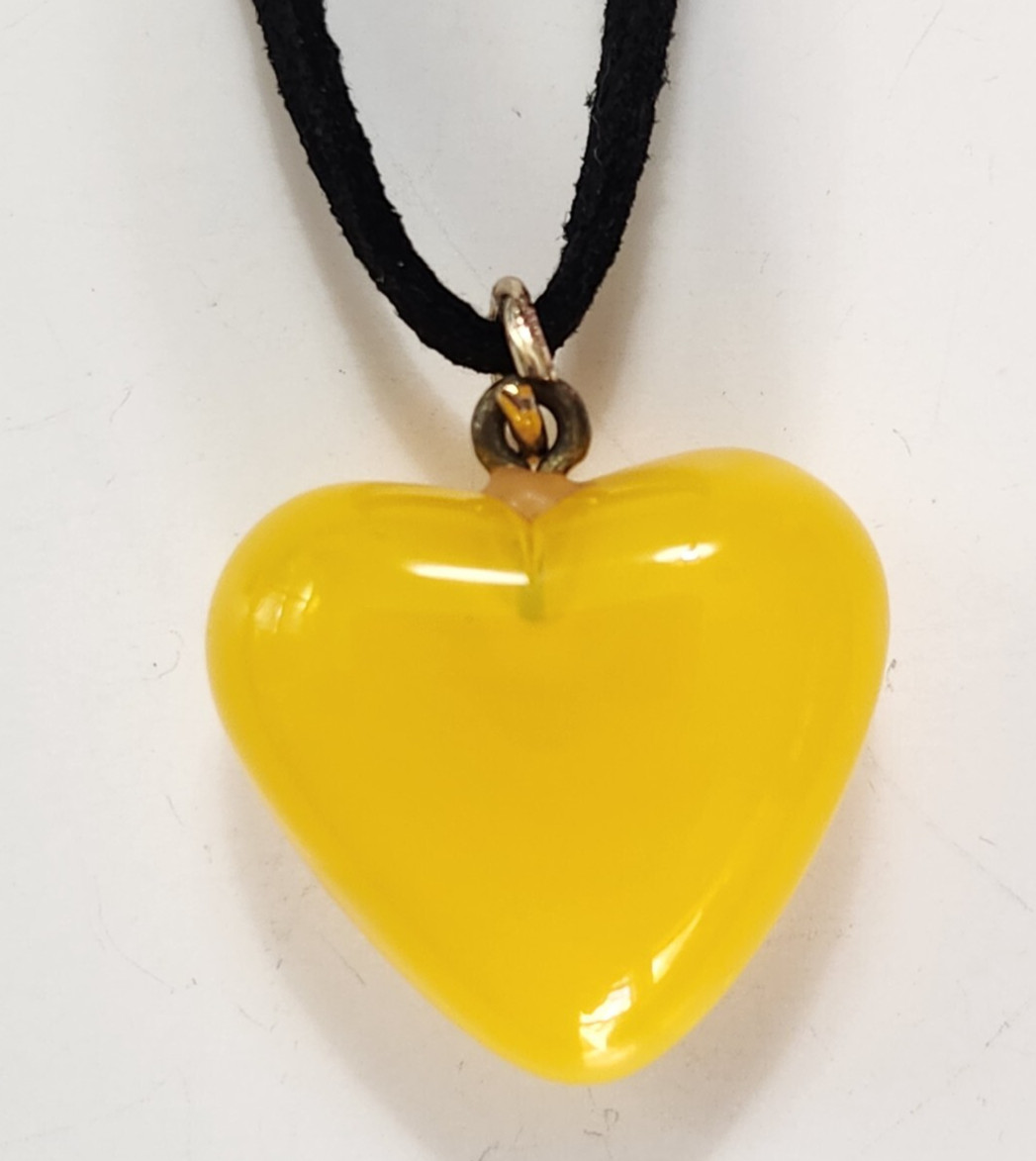 Yellow Art Glass Puffy Heart Pendant Necklace Black Suede Cord Beauty Boho Love