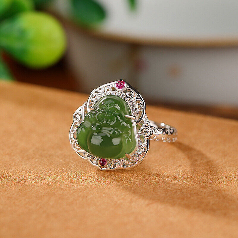 Chinese Hetian Jasper Buddhism Maitreya Buddha Pretty S925 Pure Silver Ring