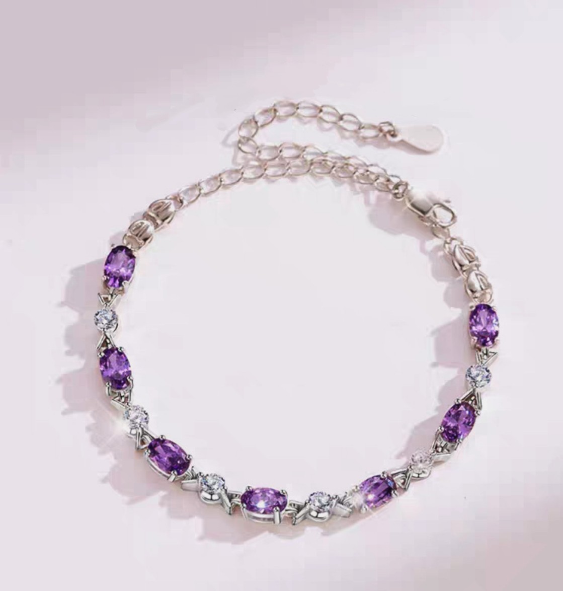Elegant Purple+Clear Zircon Chain Link Splice Chain Bracelet Lobster w/Extended