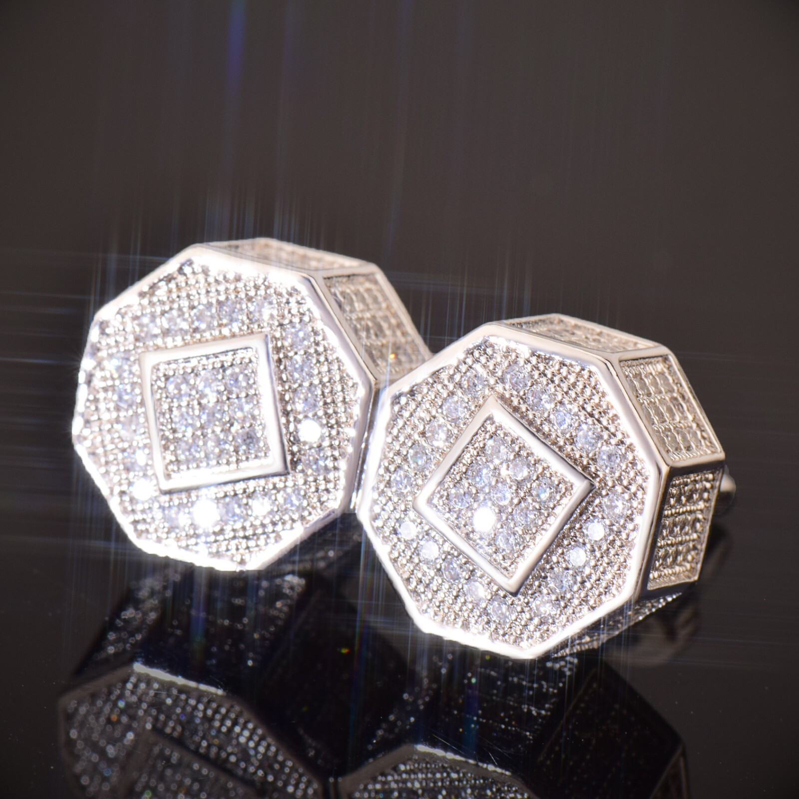 11MM 5AAA+ CZ Ice Out Hop Hip Octagon Shape Stud Earrings 14k Real Gold Plated